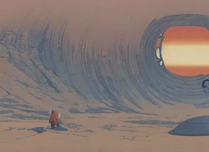 Image similar to ( ( ( ( ( dune 2 0 2 1 matte painting, sci - fi illustration, sci - fi environment, planets, desert scene, painting, psychedelic ) ) ) ) ) by moebius and ralph mcquarrie!!!!!!!