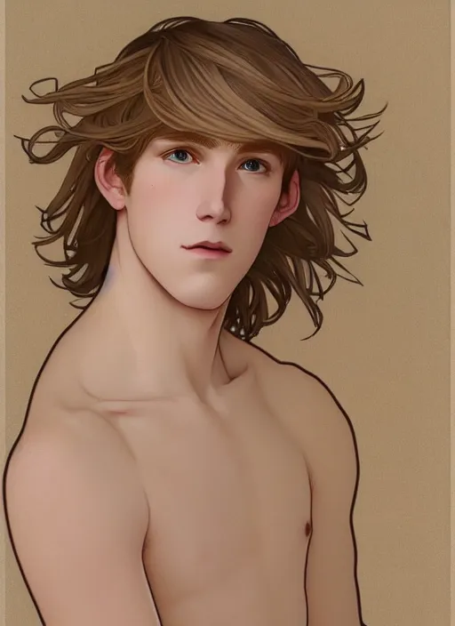 Image similar to pretty young man with shoulder length blond hair, male, half body shot, path traced, highly detailed, high quality, digital painting, by studio ghibli and alphonse mucha, leesha hannigan, hidari, art nouveau, chiho aoshima