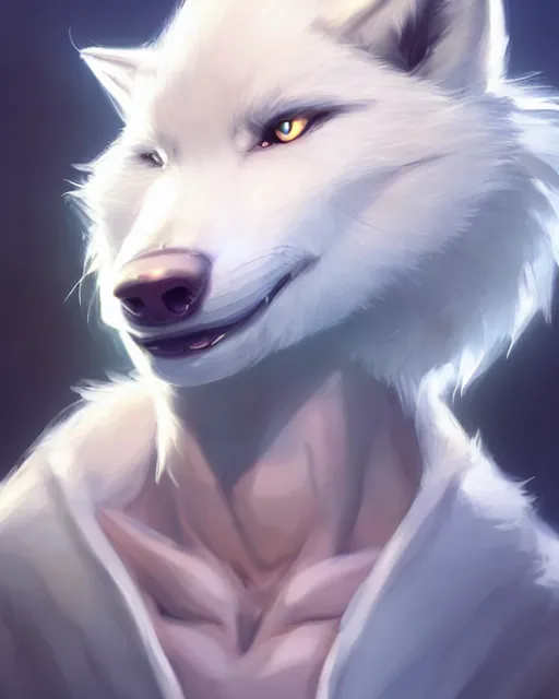 Image similar to character concept art of a cute young male anthropomorphic furry white wolf | | cute - fine - face, pretty face, key visual, realistic shaded perfect face, fine details by stanley artgerm lau, wlop, rossdraws, james jean, andrei riabovitchev, marc simonetti, and sakimichan, trending on artstation