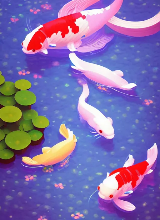 Image similar to sparkling pastel cute voxel art of a koi pond, behance, artstation, cute, Japanese, 3d render, unity, beautiful lighting, extremely beautiful, very beautiful award winning art Huang Guangjian and Gil Elvgren and Sachin Teng , Greg Manchess