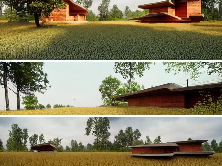 Image similar to hyperrealism design by frank lloyd wright and kenzo tange photography of beautiful detailed small house with many details around the forest in small ukrainian village depicted by taras shevchenko and wes anderson and caravaggio, wheat field behind the house, volumetric natural light