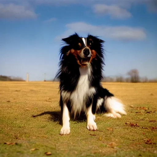 Image similar to collie with huge stick balanced horizontally, film grain, specular highlights, wide angle lens, cinematic