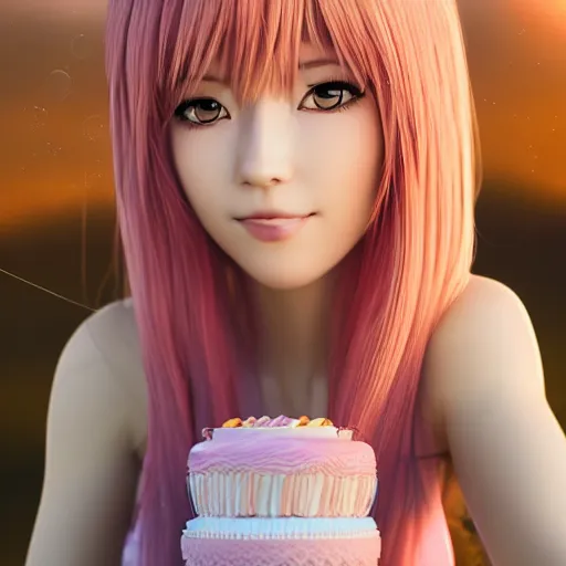 Image similar to Render of a beautiful 3d anime woman holding a birthday cake out to the camera, long light pink hair, full bangs, hazel eyes, cute freckles, full round face, soft smile, Chinese heritage, cute checkerboard sundress, golden hour, serene beach setting, medium shot, mid-shot, hyperdetailed, trending on Artstation, Unreal Engine 4k