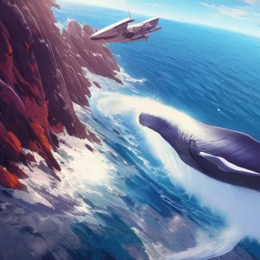 Prompt: a whale flying over a dramatic landscape, cinematic volumentric lighting, jim cheung, david marquez, mike deodato jr, ilya kuvshinov, makoto shinka, behance hd by jesper ejsing, by rhads, hyper detailed, octane render, concept art, artstation