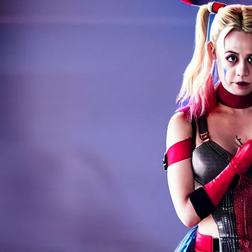 Image similar to A still of Kaley Cuoco as Harley Quinn