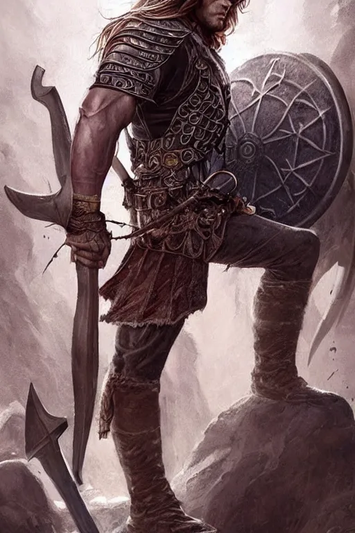 Image similar to book cover illustration style, front portrait of attractive sam winchester as a viking warrior, clothes torn apart, muscular chest tattooed with runes and symbols, d & d!, fantasy style, sharp focus!, ultra detailed, art by artgerm and peter andrew jones, wlop