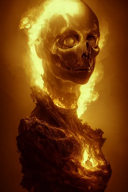 Prompt: portrait of a ghost burning in the darkness space, ancient wood environment, Cinematic lighting, insanely detailed, trending on artstation, golden ratio, concept art by Agesandro de Rodas & Emil Melmoth