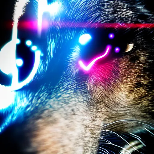 Image similar to portrait of half cybernetic wolf, l machine, animal, wires and translucent liquid, cyberpunk, robot wolf, mechanical parts, jewelry, editorial photography, neons, blade runner, futuristic style, realistic bokeh and depth of field, award winning, establishing shot