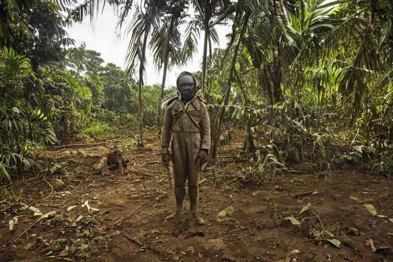 Image similar to a colonial closeup photograph of a Astronaut in a village at the river bank of Congo , Thick jungle, scary, evil looking, wide angle shot