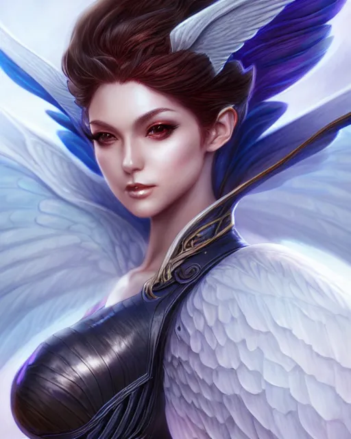 Image similar to 3 / 4 view of woman with wings, confident pose, pixie character, video game genshin impact, cell shaded anime intricate, elegant, sharp focus, illustration, highly detailed, concept art, matte, magali villeneuve, artgerm, anime, trending on artstation