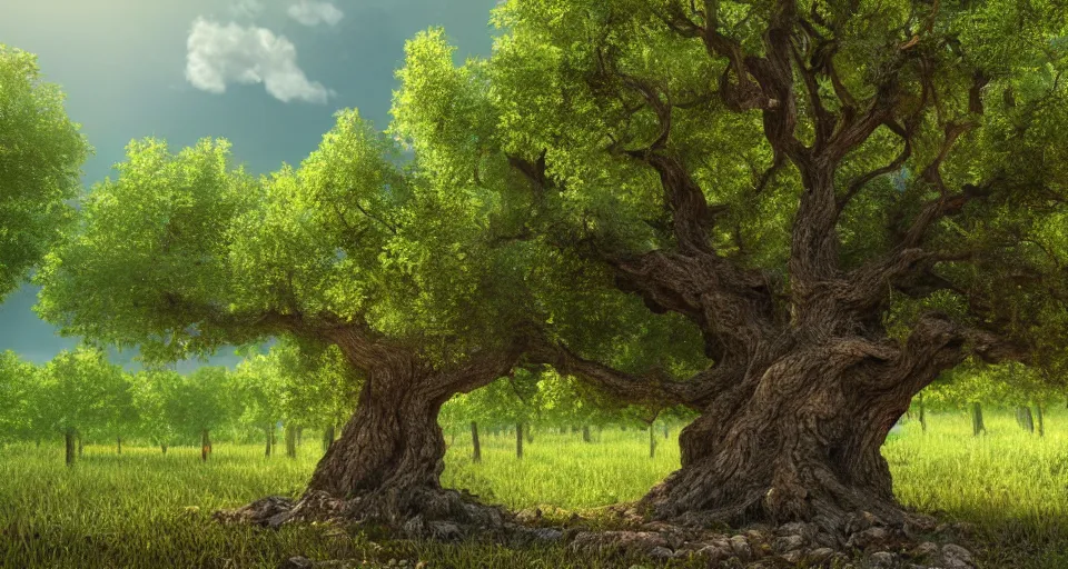 Image similar to A beautiful hyper realistic ultra detailed lifelike matte painting of an old oak tree in a vineyard, unreal engine, deviantart, flickr, artstation, octane render, textured, colorful, extreme realistic detail, physically based rendering, pbr render, very detailed, volumetric lighting, detailed lighting, octane render, 4k, cinematic lighting, 8k resolution