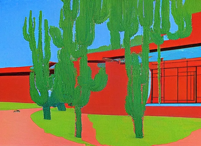 Image similar to painting of a frank lloyd wright house in the california desert by david hockney