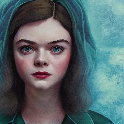 Image similar to professional painting of Elle Fanning in the style of the movie Shape of Water, head and shoulders portrait, symmetrical facial features, smooth, sharp focus, illustration, intricate, stormy weather, extremely detailed masterpiece,