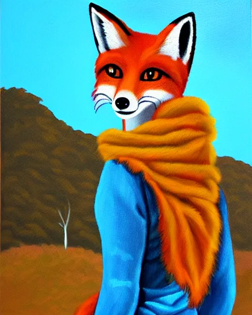 Image similar to oil painting portrait of anthropomorphic female fox animal dressed in sweater and scarf, fox animal, hollywood sign in background, oil painting,