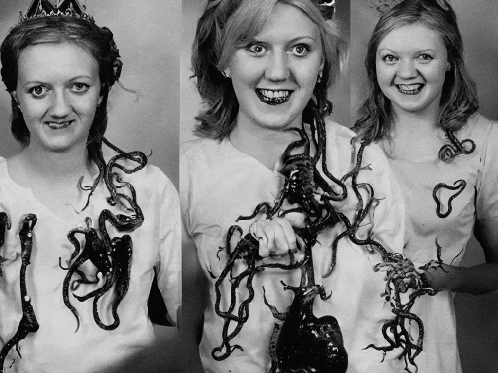 Image similar to a yearbook photograph of liz truss prom queen infected with a deadly squid pox, she has broken out in tentacles and weeping sores. she is voted most likely to initiate nuclear war. her name is liz truss