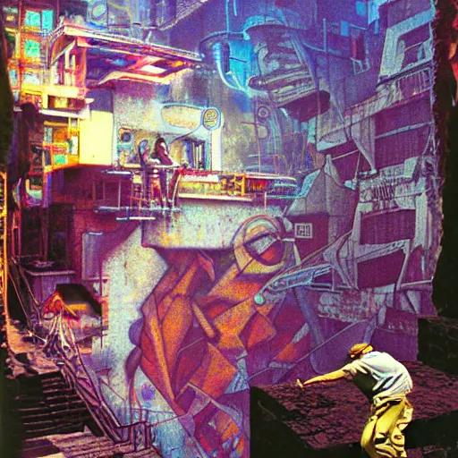 Image similar to breakfast at las pozas, graffiti by moebius, break of dawn on jupiter, cyberpunk, futuristic, 1 9 7 0 cut out collage, technilogy, high detail, golden light, realistic