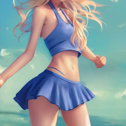 Prompt: a very beautiful young anime tennis girl, confident, full body, long wavy blond hair, sky blue eyes, full round face,, bikini, miniskirt, front view, mid - shot, highly detailed, cinematic wallpaper by stanley artgerm lau