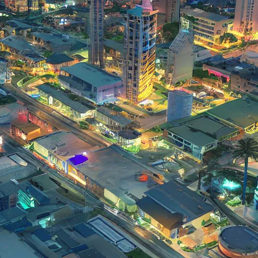 Image similar to modern anime still of an overview from the air of a small coastal Florida town at night, downtown in the distance, key anime visuals