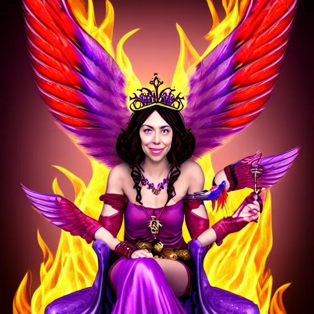 Prompt: Princess sorceress with red flaming bird wings on her back and sitting on an ornate throne dressed in a fancy purple dress, beautiful realistic face similar to aubrey plaza, Fantasy, Full Portrait, High detail, realistic, planeswalker