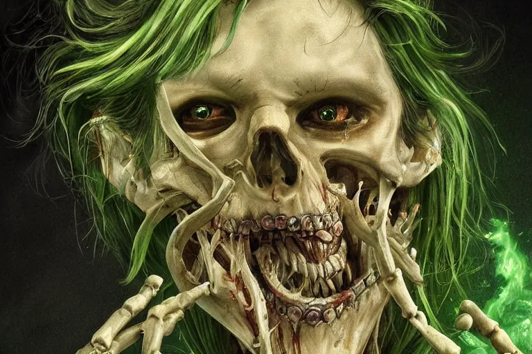 Prompt: Haunting horrifying detailed painting of a man fusing with a skeleton and fleshy growths on his face, sharp teeth protruding, and green eyes of emerald, hyper detailed, award winning artwork, cgsociety, trending on Artstation