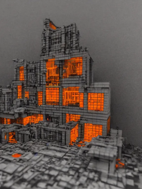 Image similar to mega detailed miniature voxel diorama abandoned research facility, brutalism architecture, suburban, hard lights are on in the windows, dark night, fog, winter, blizzard, uncozy and not peaceful atmosphere, row of street lamps with warm orange light, several ruins nearby, 1 9 6 0