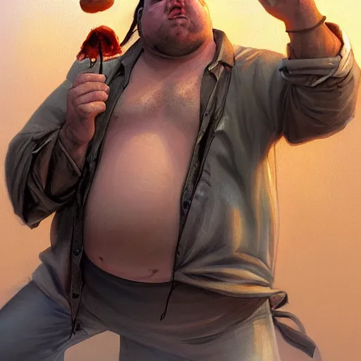 Image similar to portrait of a half fatman half pig eating kebab with long hair tied in a ponytail, light stubble with red shirt ,digital art,photorealistoc,art by greg rutkowski,hyperdetailed,western comic style,comic,comic style,sharp lineart,professional lighting,deviantart,artstation,trevor henderson,rossdtaws,cinematic,dramatic