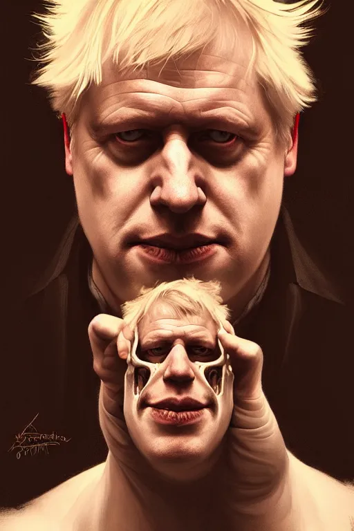 Prompt: Boris Johnson as Neo, portrait, skull on the chest, highly detailed, digital painting, artstation, concept art, smooth, sharp focus, illustration, cinematic lighting, art by artgerm and greg rutkowski and alphonse mucha