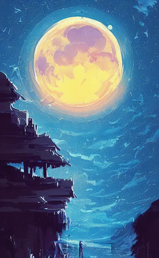 Prompt: a beautiful illustration of the sun king at night, art of alena aenami, featured on artstation, vertical orientation, paint brush strokes, expressionism, brushstroke - laden, breathtaking clouds, birds, ocean, beautiful stars, long exposure, big moon radius, airy midnight theme, blue purple gradient, lens flare