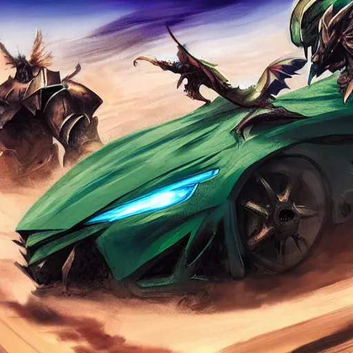 Image similar to dragon fight vs blue armor knight, green car, desert landscape, greg manchess, akehiko inoue and ross tran