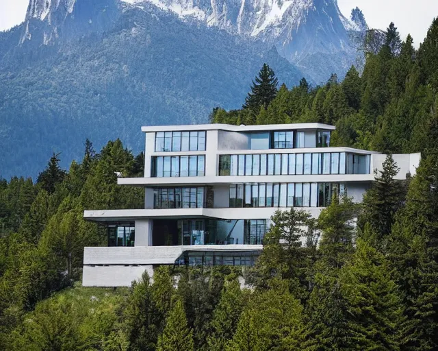 Image similar to A 8K photograph of a modern mansion by Zaza Hadid, set against a stunning backdrop of mountains and forests, unique architecture and design, the photograph is taken from a distance