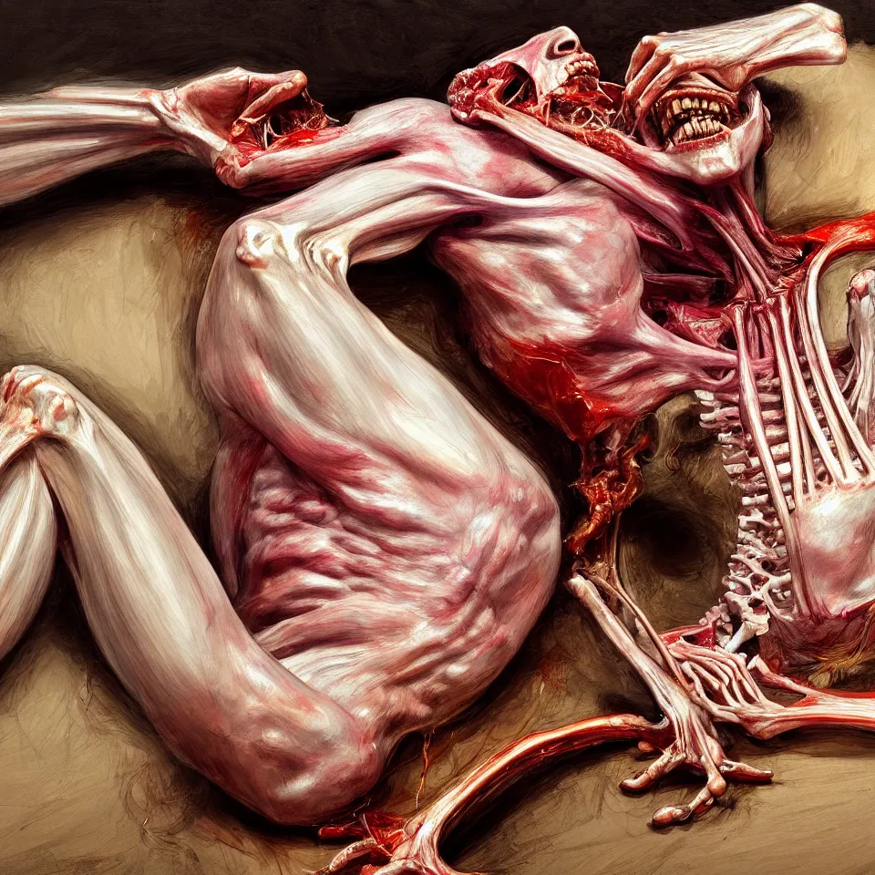 Prompt: bright realistic anorexic man ribs boney puking, appartment, rotten flesh, diffuse lighting, fantasy, intricate, elegant, highly detailed, lifelike, photorealistic, digital painting, artstation, illustration, concept art, smooth, sharp focus, art by francis bacon and jenny saville