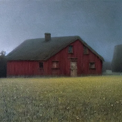 Image similar to An American house on a field with a skinwalker hidden oil painting in style of Zdislaw Beksinski