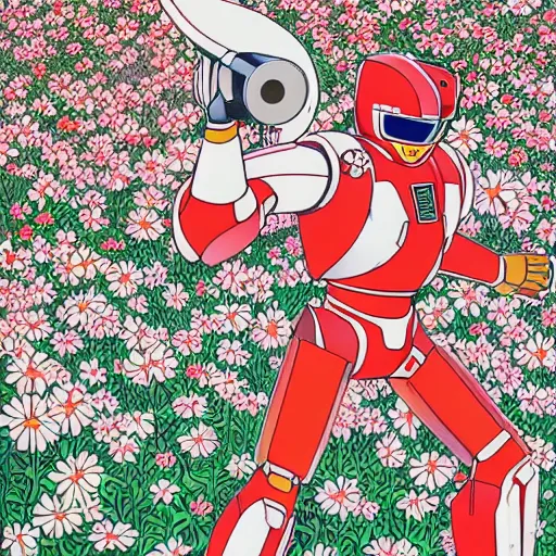 Image similar to a beautiful painting of a macular humanoid mecha power ranger in a field of flowers by hiroshi nagai and hirohiko araki, detailed line art