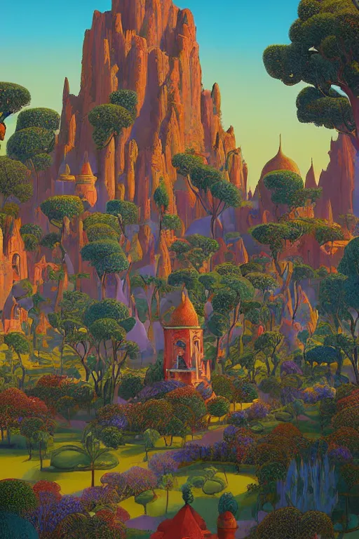 Prompt: distance view of the painted tower of the moon in its gardens fairytale illustration, tall windows, beautiful moorish tiles, dramatic cinematic lighting, rich colors, golden age illustration, by Sylvain Sarrailh and Nicholas Roerich and jean delville and Tyler Edlin and William Dyce and April Gornik ,unreal engine