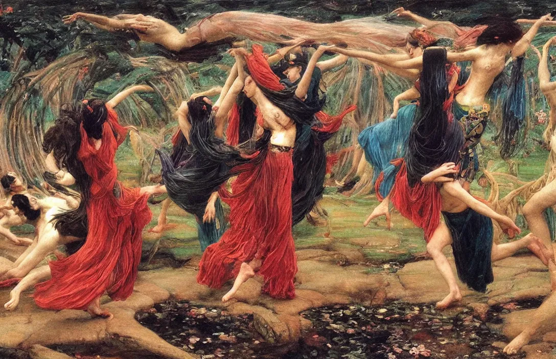 Prompt: witches dancing in rain. dynamic gestures. flowing lines and colors highlight the movement. serenity.., film still by kubrick, depicted by herbert james draper, arnold bocklin, john willaim godward, sir lawrence alma - tadema. vibrant color palette, very intricate details, minimalist.