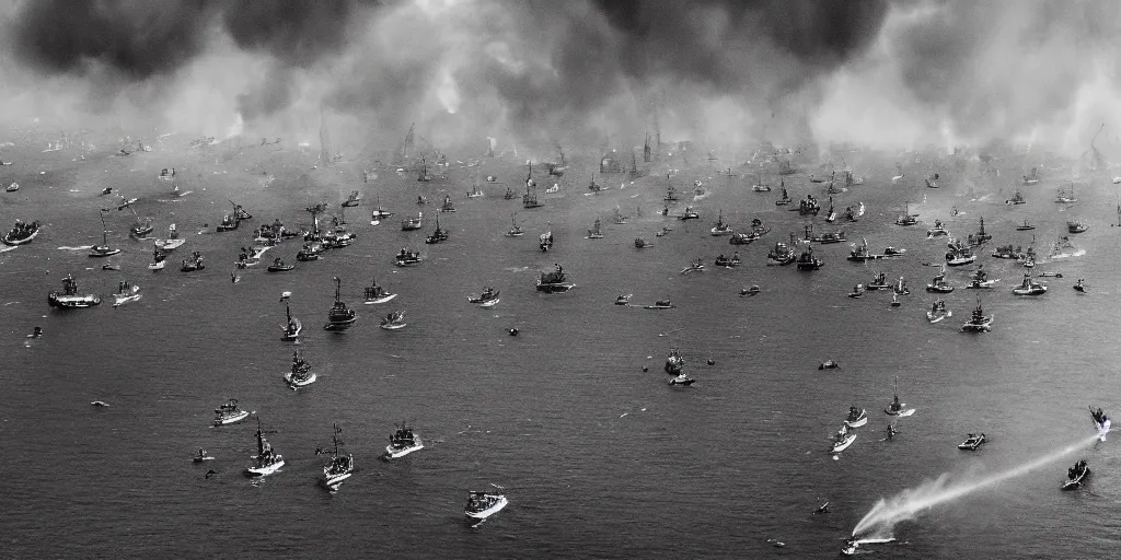 Prompt: naval invasion of the coast, ships on fire, clouds of smoke, masses of soldiers running on the beach, fireballs, huge explosions everywhere, aerial view, cinematic extreme wide shot, high detail, 35mm film black and white photograph