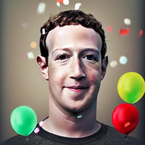 Image similar to mark zuckerberg is inside a computer monitor, handsome bearded man has a birthday cake, happy birthday, confetti, cake, balloons