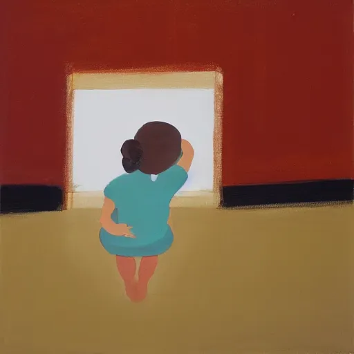 Prompt: abstract minimalist painting of a little girl sitting on a doll house. Window. Oil on wood. Sharp.