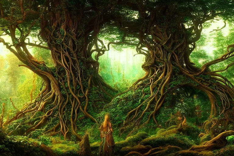 Image similar to a beautiful and highly detailed digital painting of an elven tree with celtic roots in a lush forest, psychedelic patterns, intricate details, epic scale, 8 k, sharp focus, photorealism, artstation, cgsociety, by caspar friedrich, albert bierstadt, james gurney, brian froud,