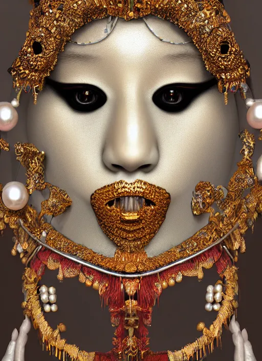 Image similar to hyperrealism, detailed textures, award winning autochrome photo, symetrical japanese pearl, beautiful dreaming voodoo pearl queen, autochrome pearl portrait, pearl silverplate, intricate, detailed facial pearl scary animal mask, pearl, golden jewelery, silverplate, ultra realistic, cinematic, intricate, cinematic light by steve mccurry, unreal engine 8 k