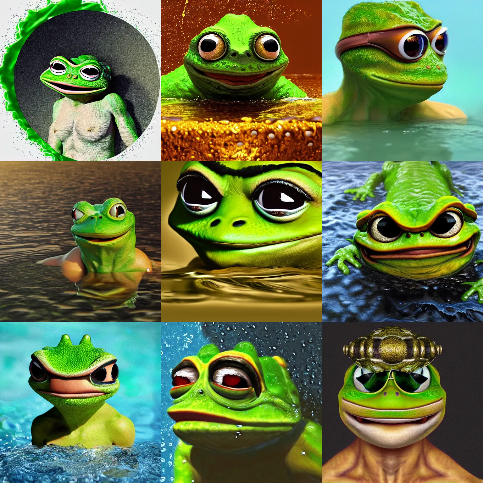 Prompt: a full head photoshot, detailed photograph of gigachad pepe the frog as a warrior in a shallow pool of water, photorealism ultradetailed digital art, golden ratio, art canvas, award winning, masterpiece trending on artstation 8 k