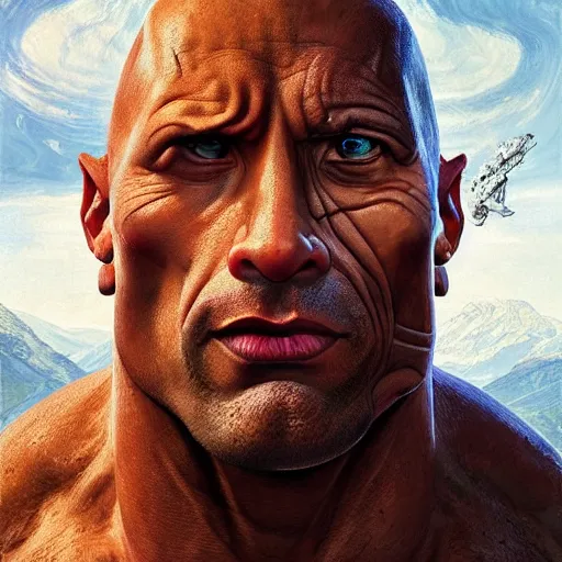 Prompt: Dwayne Johnson as the commanding leader of the alien resistance, Graceful body structure,cute,Symmetrical face,highly detailed,elegant,Marc Simonetti and Caspar David Friedrich, Trending on artstation