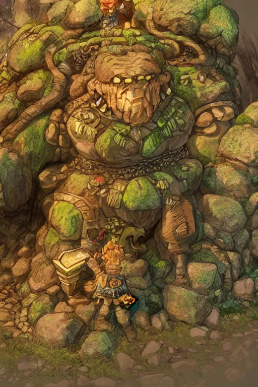 Image similar to zelda fantasy art giant golem troll wood rock greeble gemstone, global illumination ray tracing hdr fanart arstation by sung choi and eric pfeiffer and gabriel garza and casper konefal