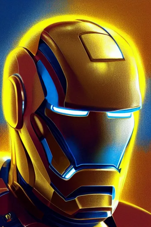 Image similar to Boris Johnson in the Iron Man suite wit no helmet on, visible face, Boris Johnson face, portrait, neon heart reactor, gold and blue, highly detailed, digital painting, artstation, concept art, smooth, sharp focus, illustration, cinematic lighting, art by artgerm and greg rutkowski and alphonse mucha