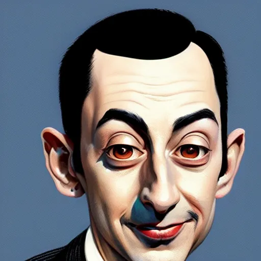 Image similar to Portrait of pee-wee herman, black hair, highly detailed, digital painting, artstation, concept art, illustration, art by greg rutkowski and hajime sorayama