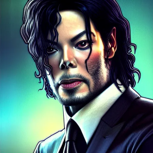 Image similar to Michael Jackson as John Wick, western, D&D, fantasy, intricate, elegant, highly detailed, digital painting, artstation, concept art, matte, sharp focus, illustration, art by Artgerm and Greg Rutkowski and Alphonse Mucha