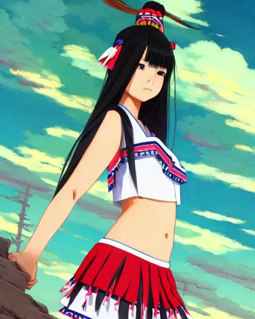 Image similar to a beautiful! boyish! amber midthunder alluring gravure! model, wearing japanese school girl outfit with mayan pattern and native style, aztec street fashion, gapmoe yandere grimdark, trending on pixiv fanbox, painted by greg rutkowski makoto shinkai takashi takeuchi studio ghibli, akihiko yoshida