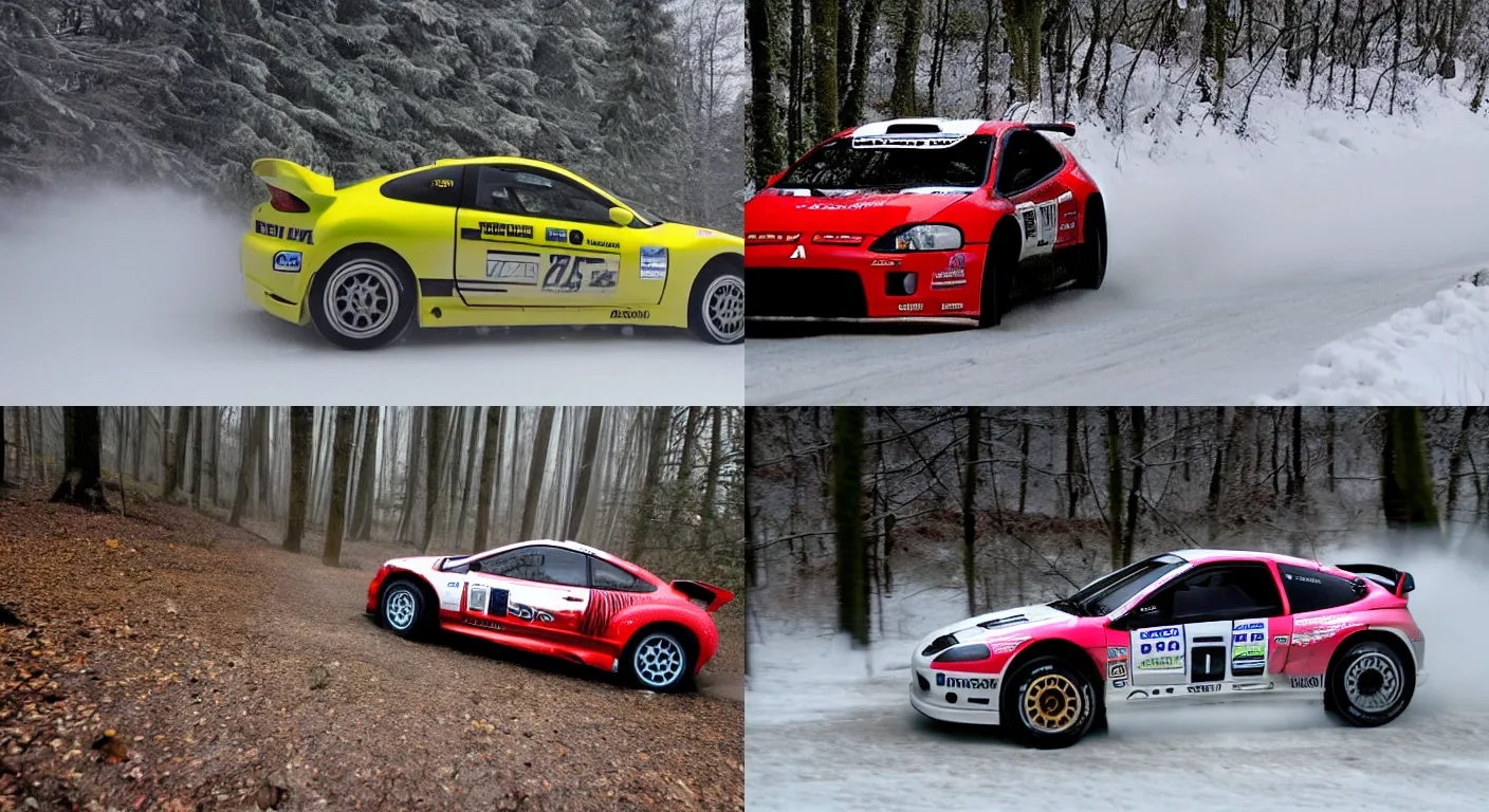 Prompt: a 2 0 0 6 mitsubishi eclipse gt, racing through a rally stage in a snowy forest