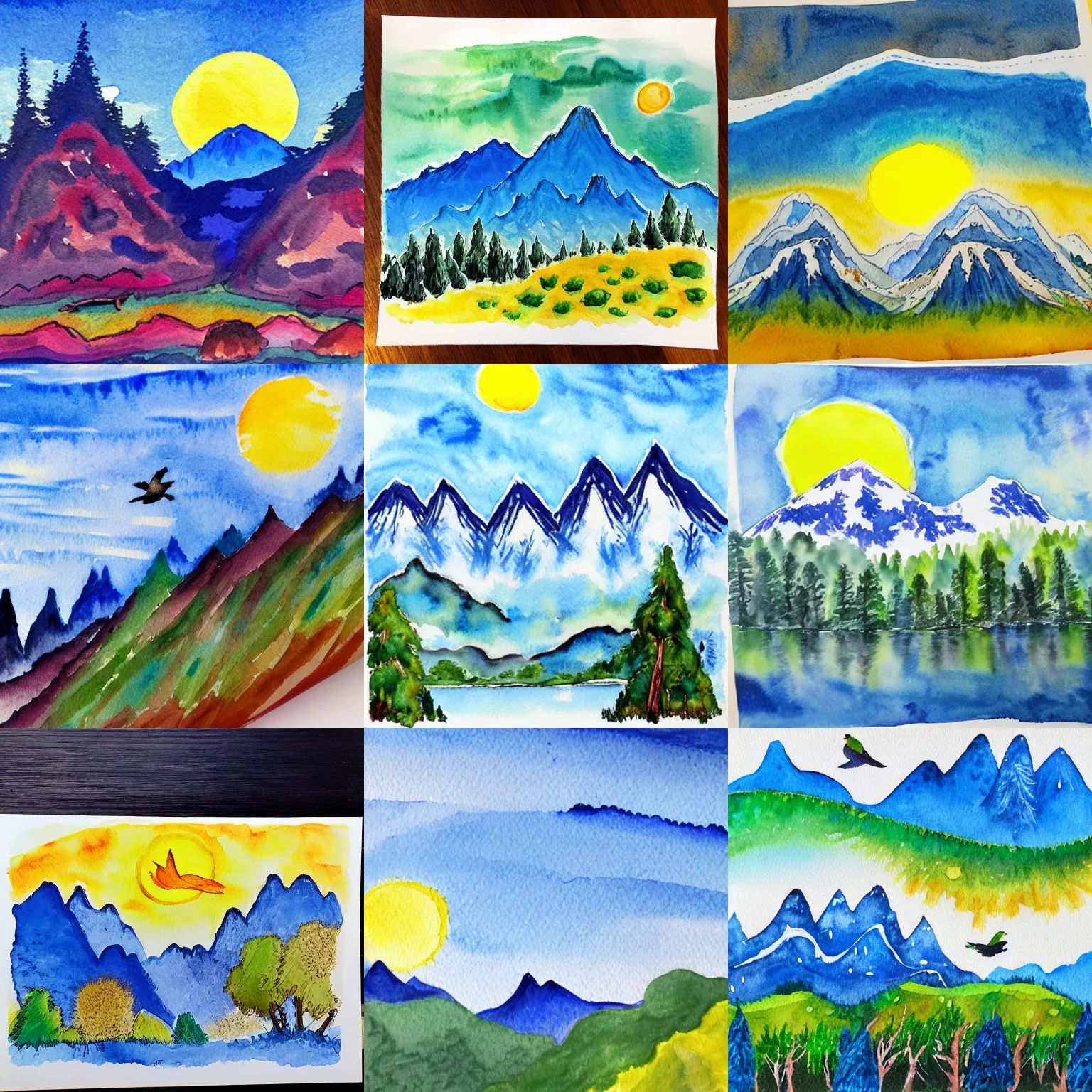 Prompt: water color painting of layered blue mountains with a white background, a bright yellow sun, and very happy trees and birds. in the style of bob ross.