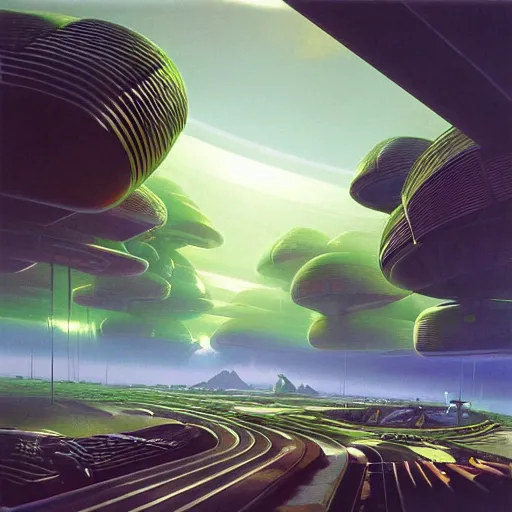 Image similar to beautiful matte painting album cover art of green gardens with roads on a futuristic sci-fi space station, cinematic angle, cinematic lighting, blue sky, by Syd Mead, John Harris, Federico Pelat